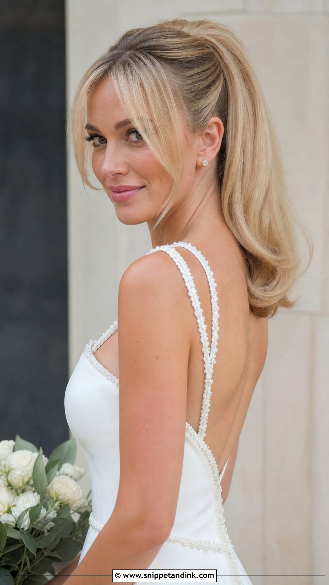 Retro Flipped Ponytail with Curtain Bangs - Snippet and Ink - 20 Wedding Hairstyles with Curtain Bangs