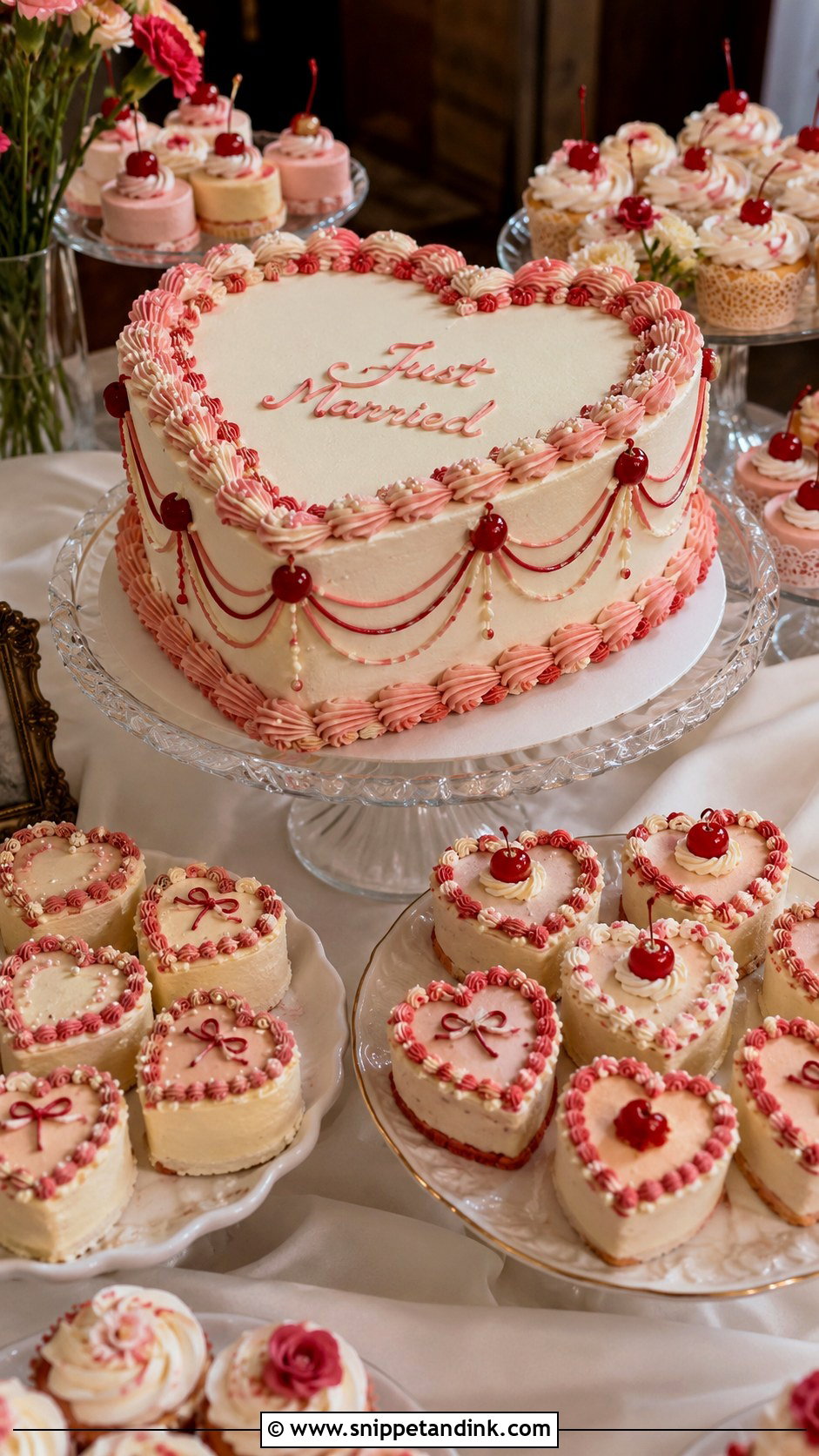 Retro Heart Wedding Cake Dessert Table - Snippet and Ink - 30 Retro Heart Wedding Cake Ideas
