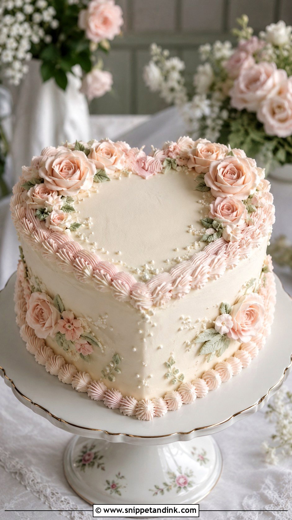 Retro Heart Wedding Cake With Buttercream Roses - Snippet and Ink - 30 Retro Heart Wedding Cake Ideas