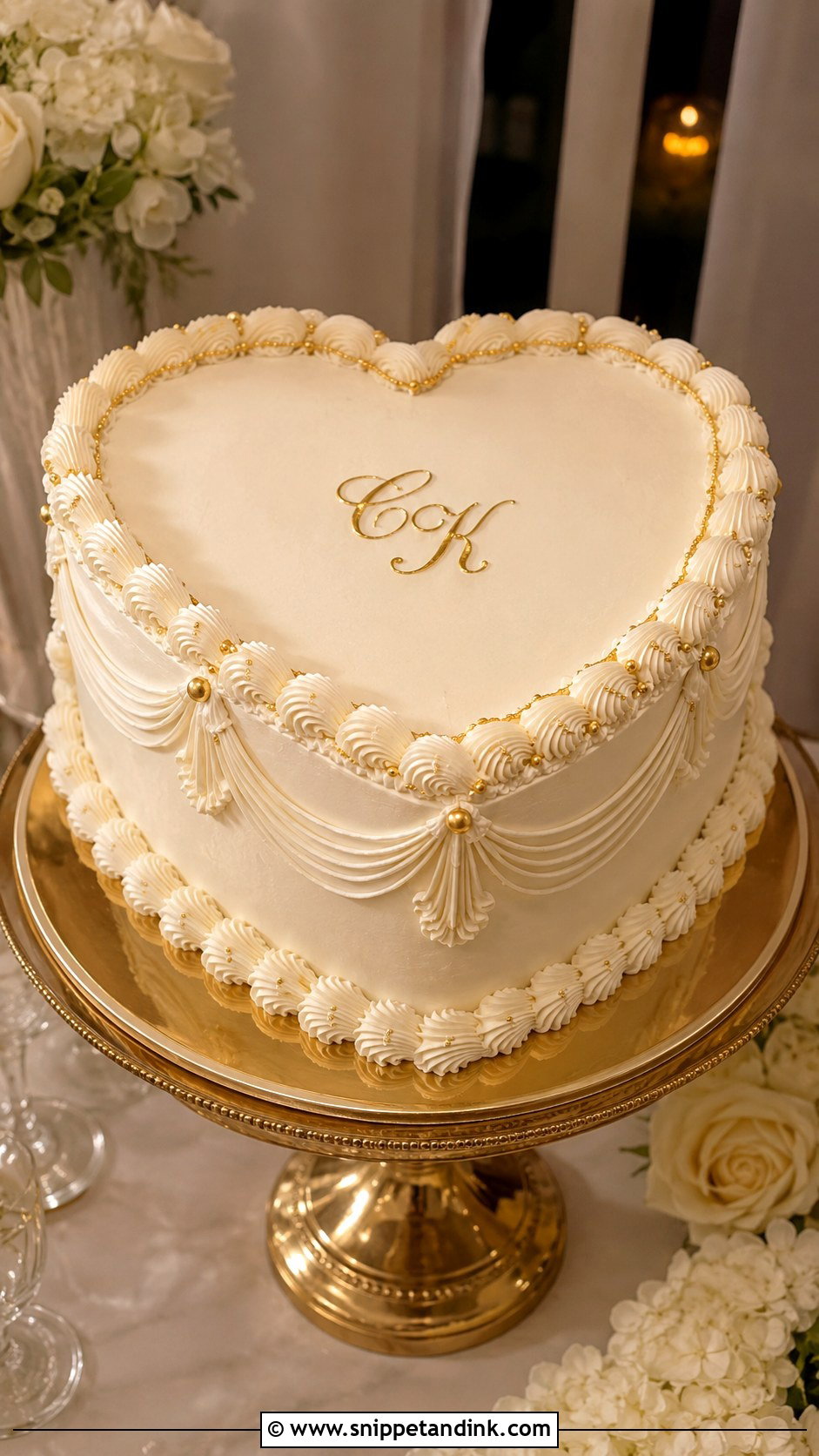 Retro Heart Wedding Cake With Gold Accents - Snippet and Ink - 30 Retro Heart Wedding Cake Ideas