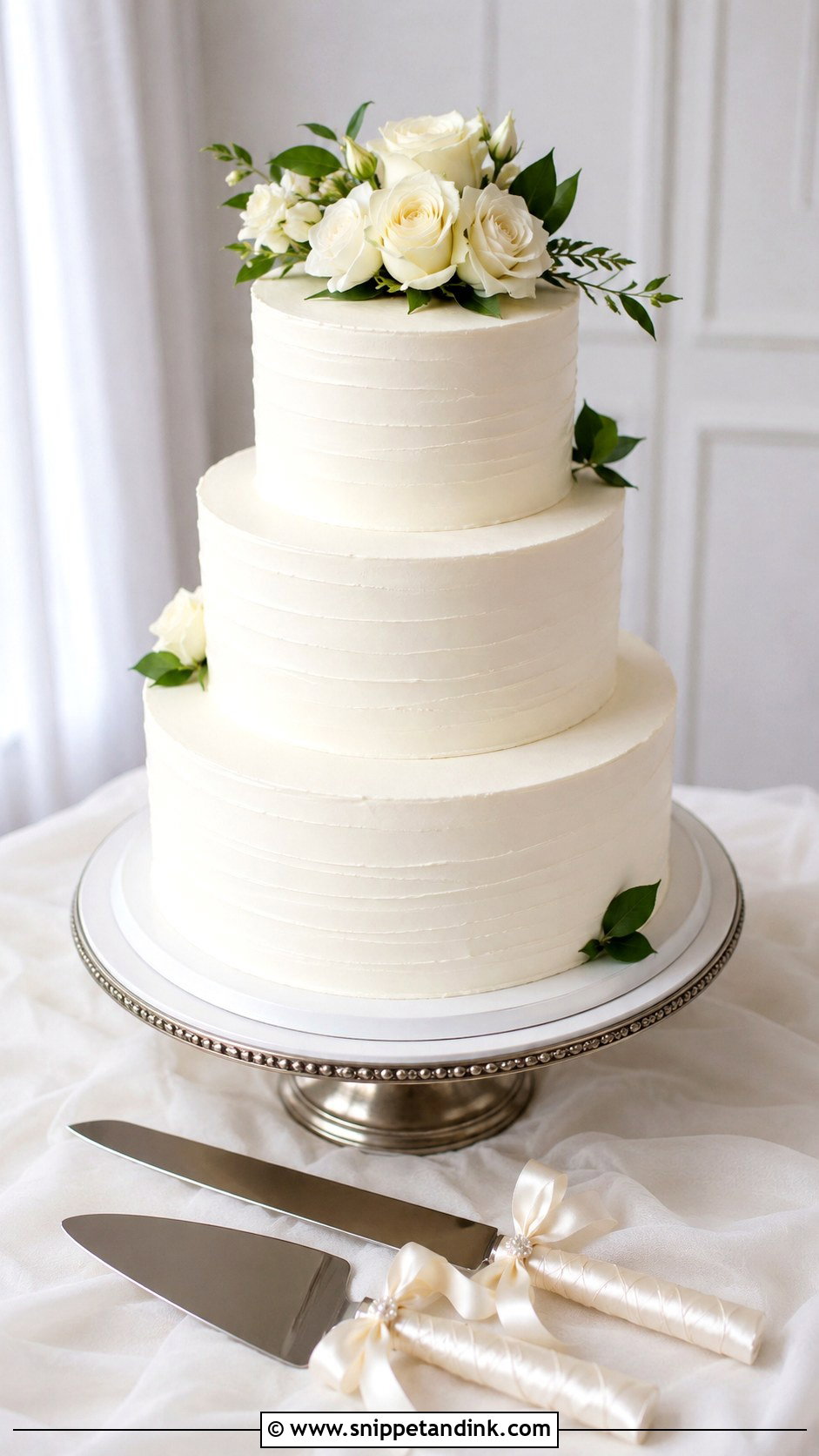 Ribbon Wrapped Wedding Cake Knife With White Tiered Cake - Snippet and Ink - 30 Wedding Cake Knife Decoration Ideas