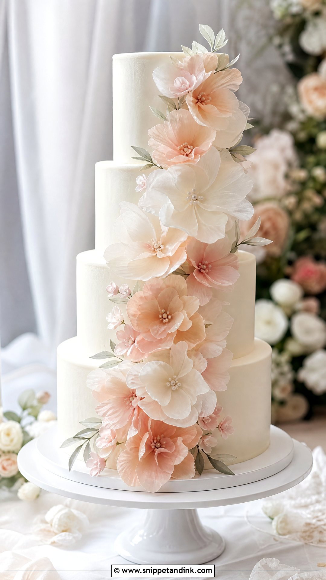 Rice Paper Floral Cascade Wedding Cake - Snippet and Ink - 20 Rice Paper Decorated Cakes for Wedding