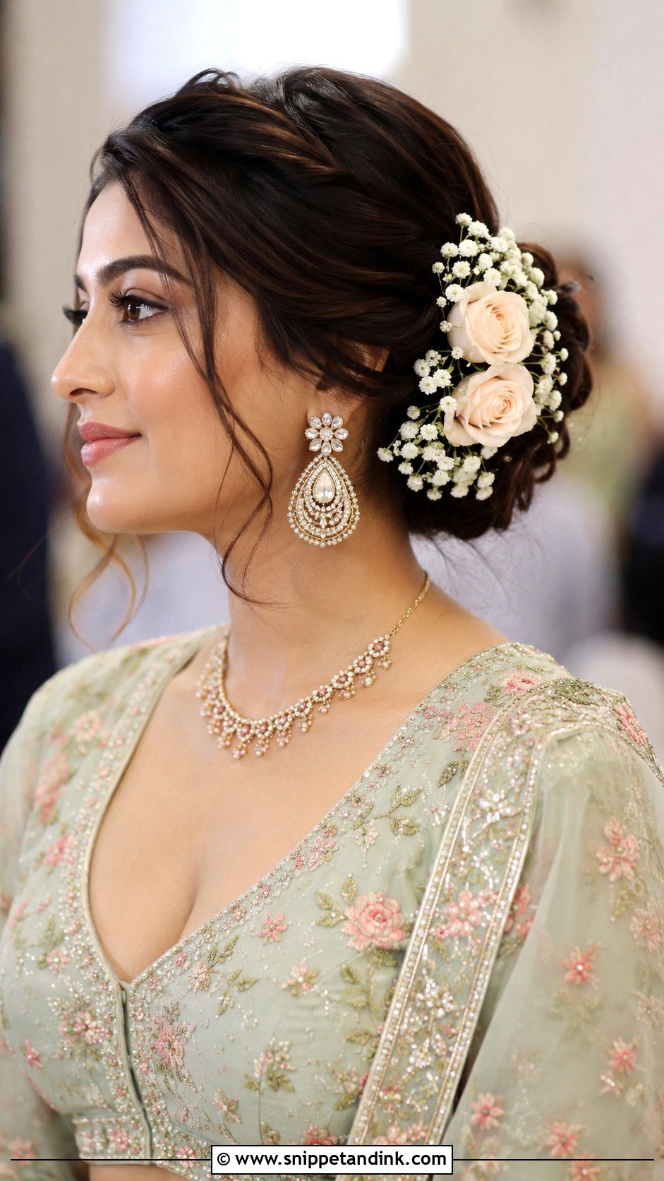 Roka Ceremony Floral Bun - Snippet and Ink - 20 Hairstyle for Roka Ceremony Ideas