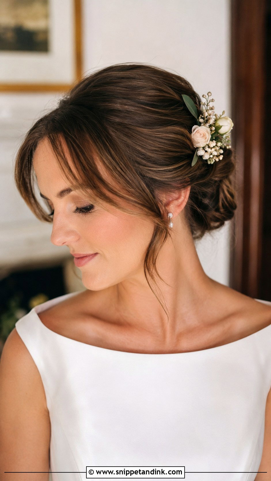 Rolled Updo With Soft Curtain Bangs - Snippet and Ink - 20 Wedding Updo with Bangs Ideas