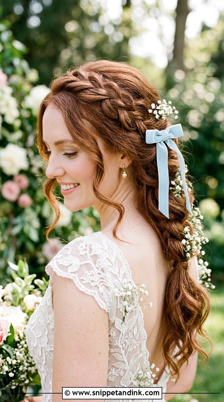 Romantic Braid With Pale Blue Bow - Snippet and Ink - 20 Bridal Hair with Bow Ideas