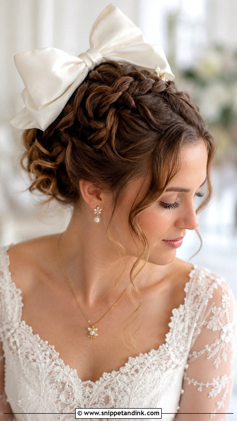 Romantic Braided Updo With Oversized Bow - Snippet and Ink - 25 Wedding Hair Bow Ideas