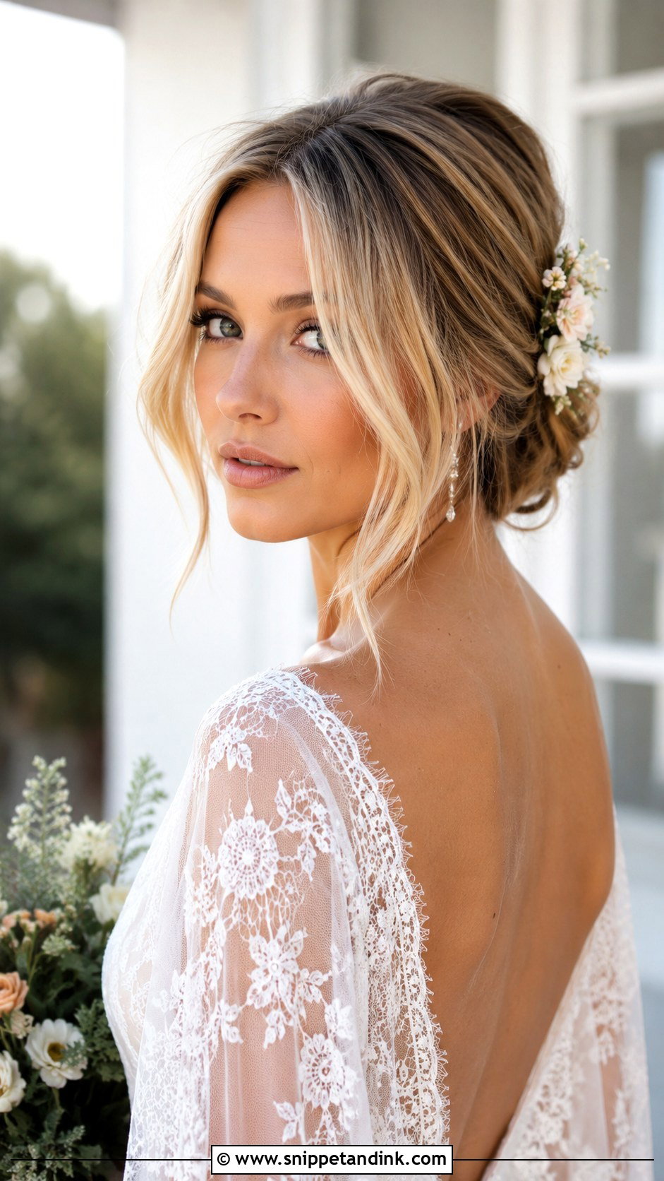 Romantic Bun with Curtain Bangs - Snippet and Ink - 25 Wedding Updos for Medium Length Hair