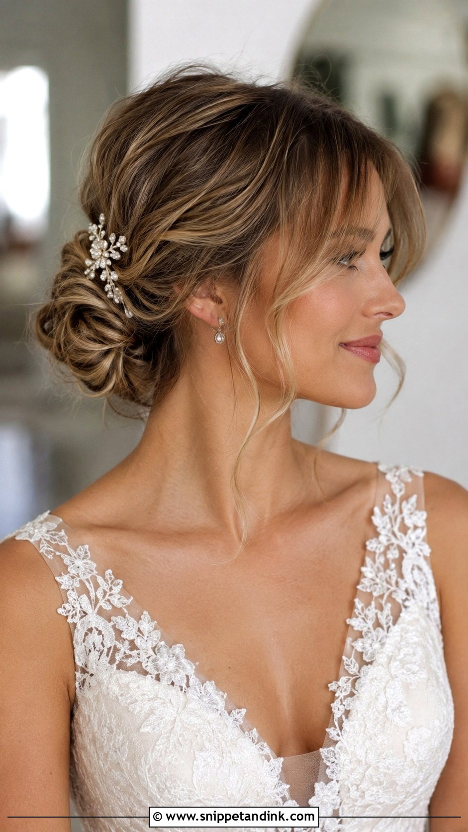 Romantic Chignon With Curtain Bangs - Snippet and Ink - 20 Hairstyle with Bangs for Wedding Ideas