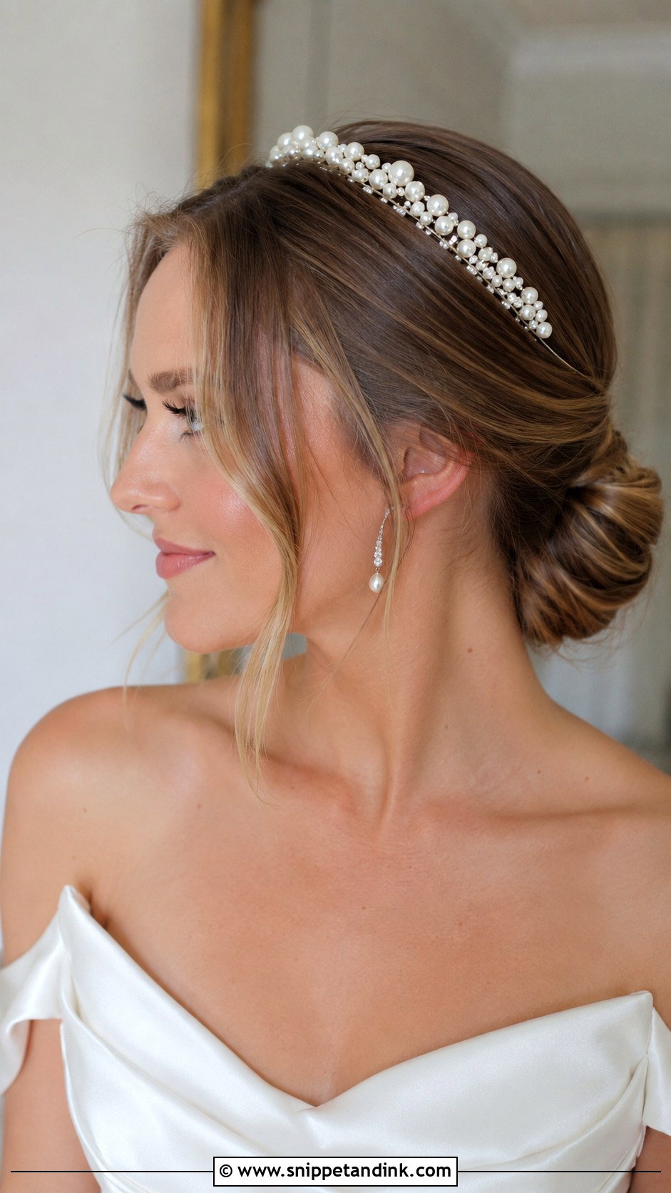 Romantic Chignon With Pearl Tiara - Snippet and Ink - 20 Crown Wedding Hair Ideas