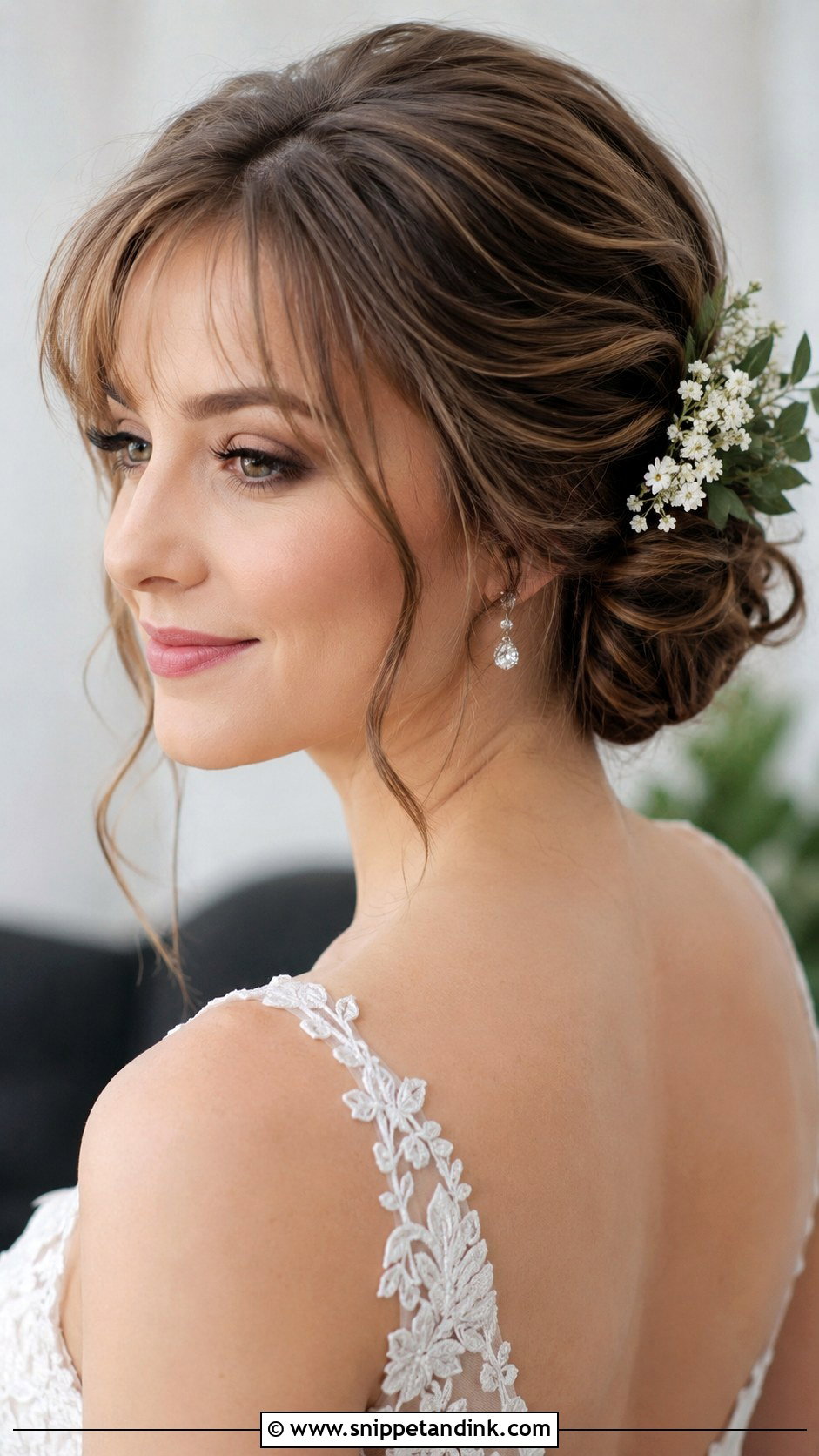Romantic Chignon with Wispy Bangs - Snippet and Ink - 25 Bridal Hairstyles with Bangs