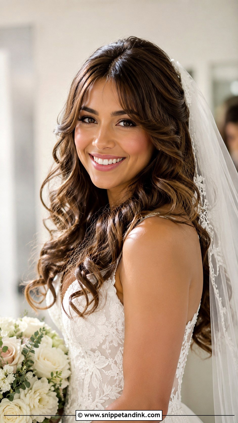 Romantic Curls With Curtain Bangs - Snippet and Ink - 20 Hairstyles with Bangs for Wedding