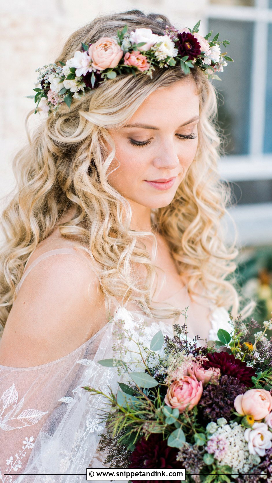 Romantic Curls With Floral Crown - Snippet and Ink - 25 Hair Down Wedding Hairstyles