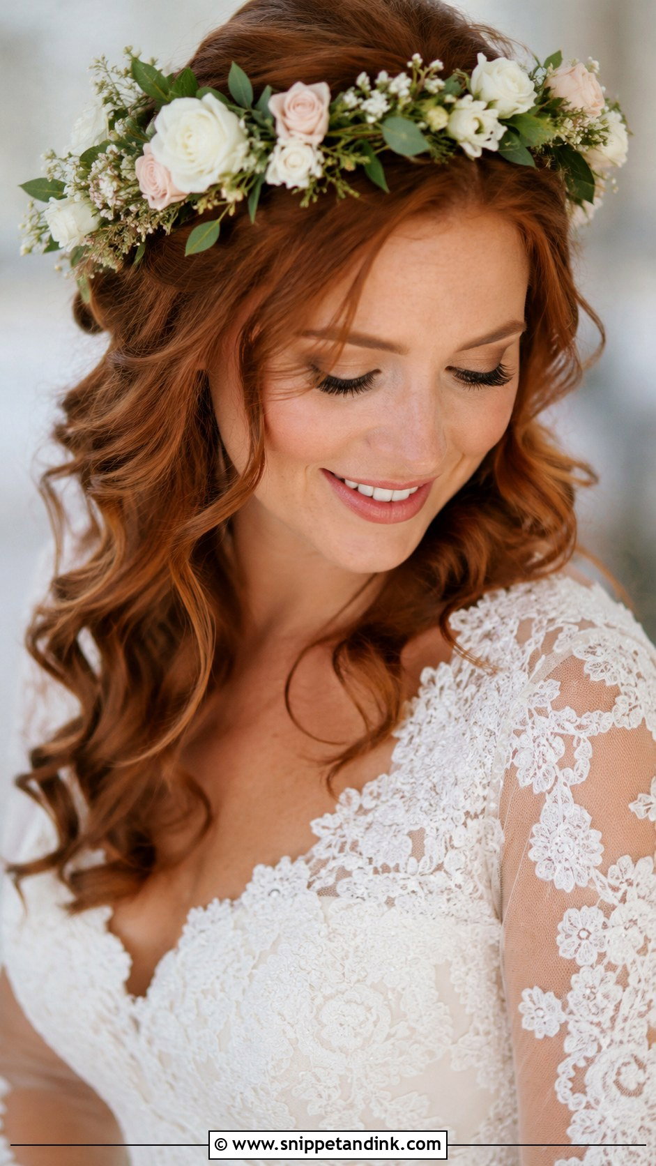 Romantic Curls With Floral Crown - Snippet and Ink - 30 Wedding Hairstyles Short Hair