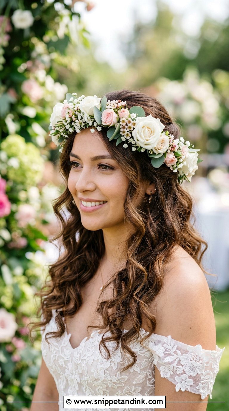 Romantic Curls With Floral Crown - Snippet and Ink - 20 Bride Hairstyles with Crown