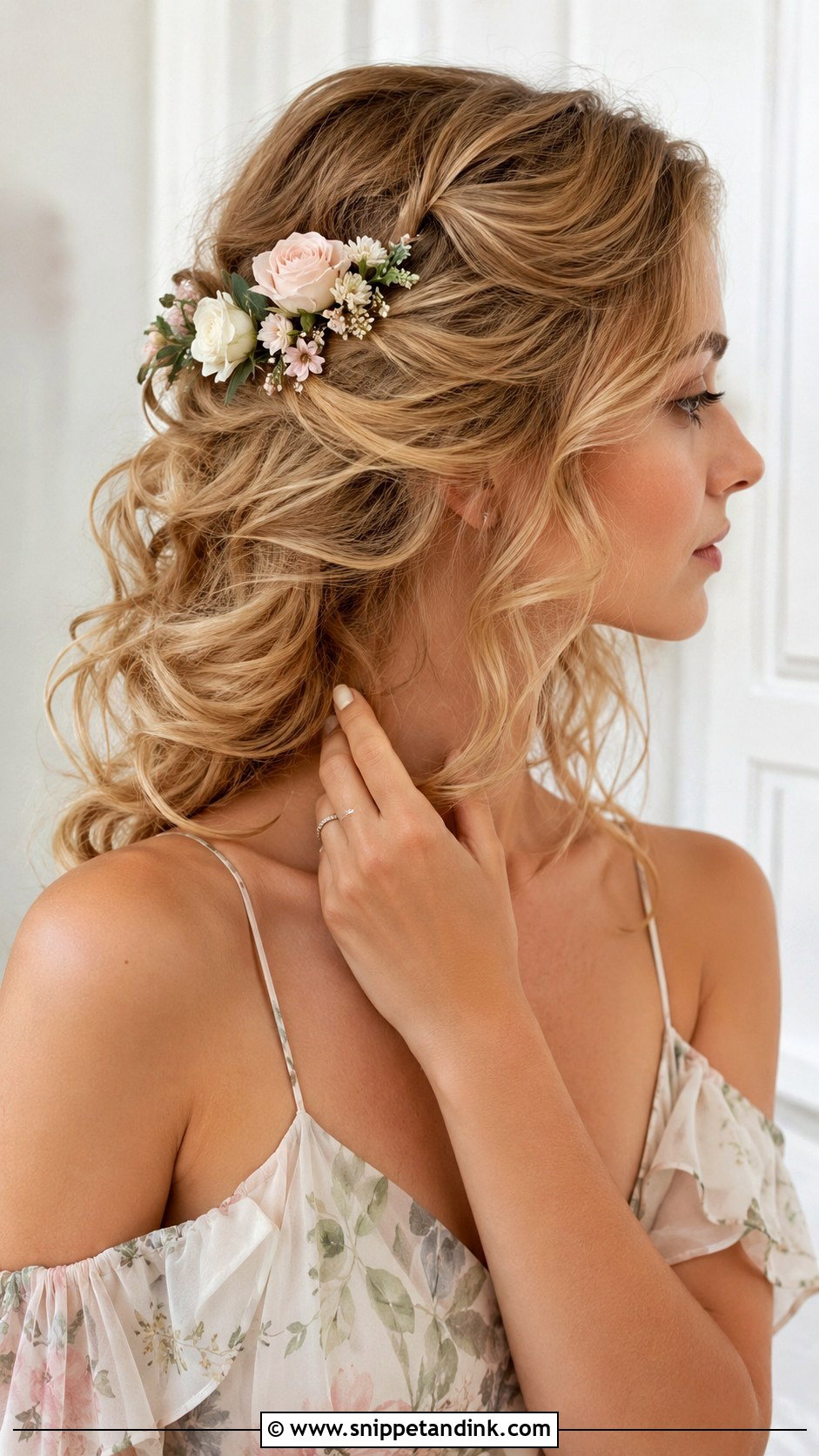 Romantic Curls With Floral Pins - Snippet and Ink - 25 Wedding Guest Hairstyles Short Hair