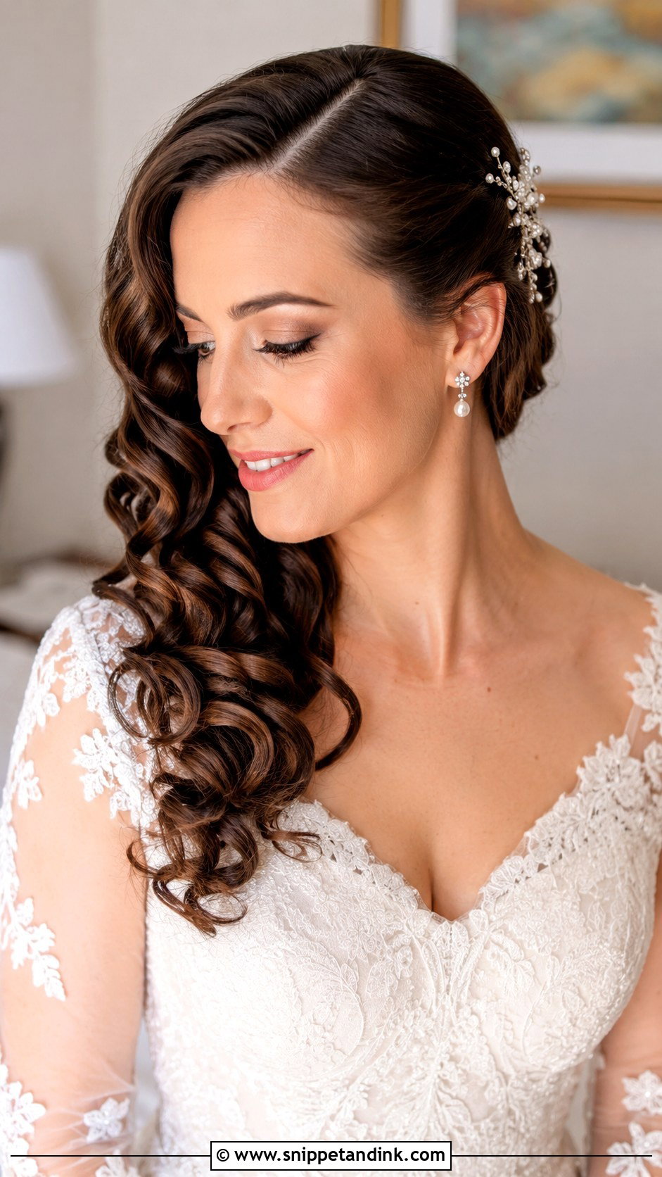 Romantic Curls With a Side Part - Snippet and Ink - 25 Wedding Hair Brunette Ideas
