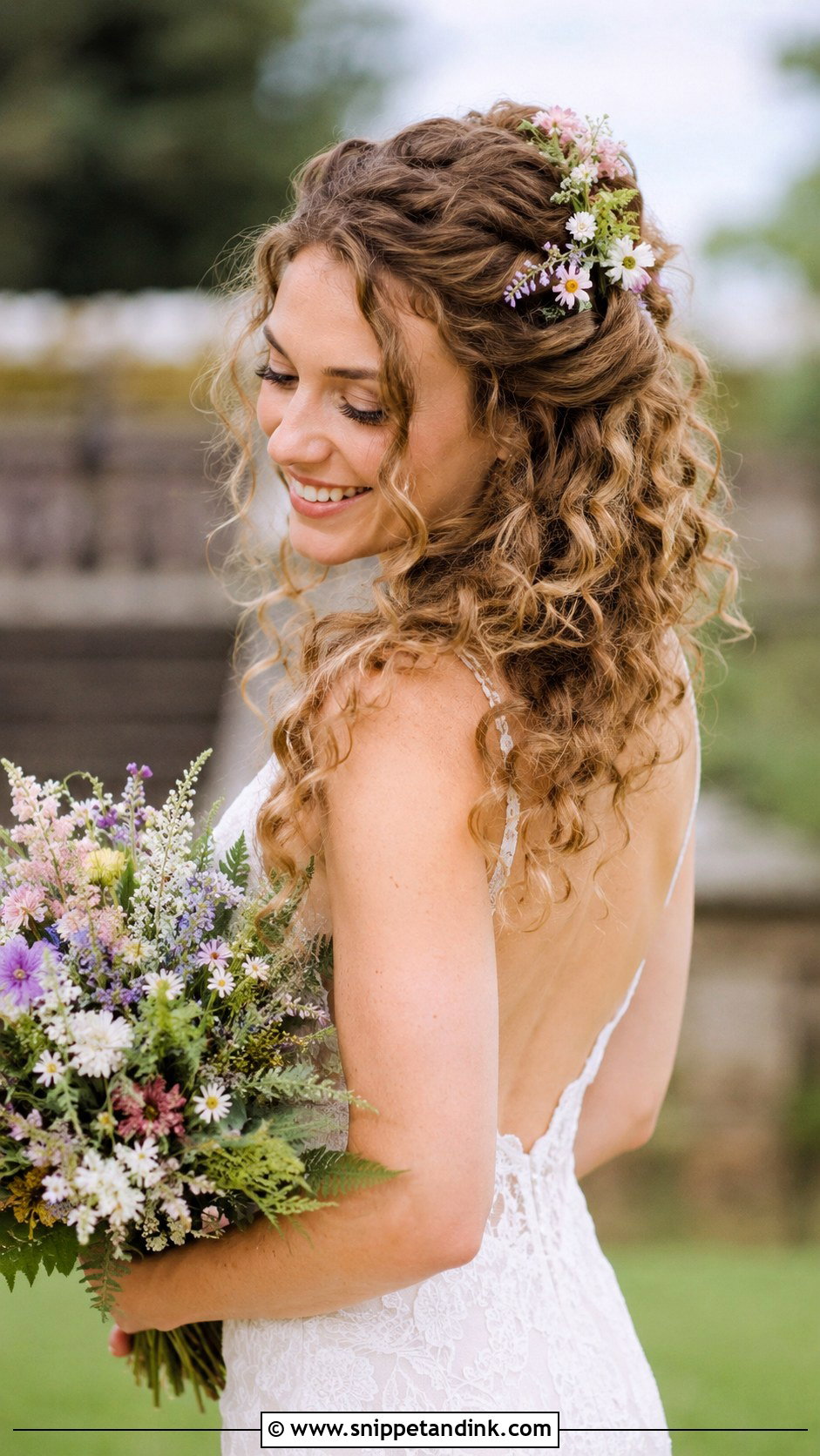 Romantic Curls with Floral Pins - Snippet and Ink - 25 Wedding Hair for Short Hair Ideas