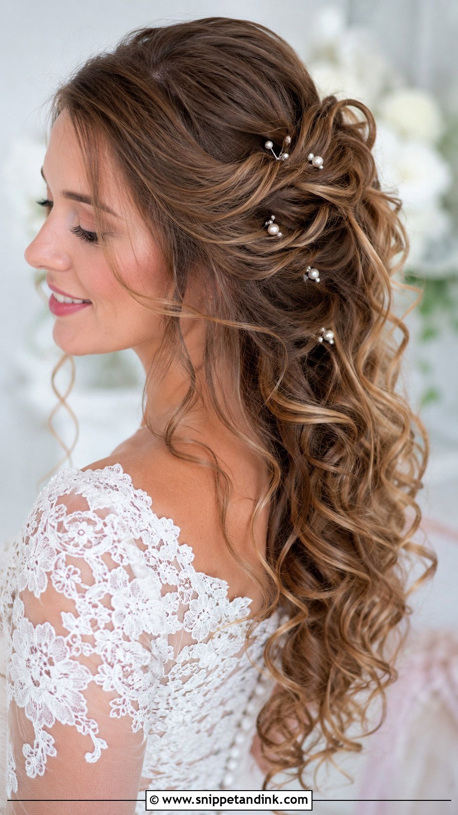 Romantic Curls with Pearl Pins - Snippet and Ink - 30 Classy Wedding Hair Down Ideas