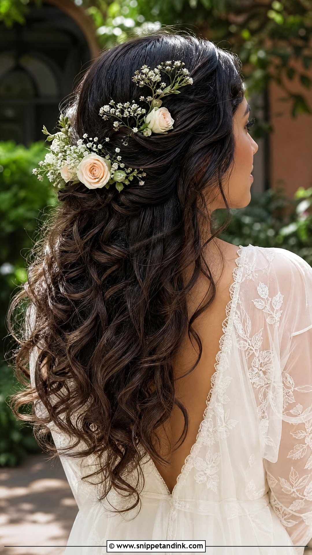 Romantic Curly Half Updo With Flowers - Snippet and Ink - 20 Big Curls Wedding Hair