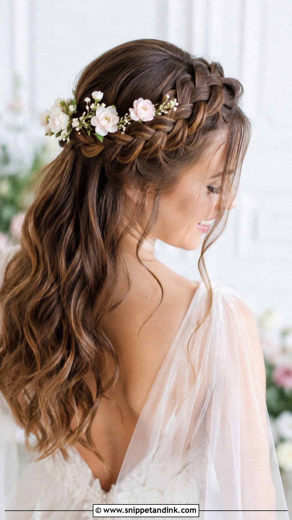 Romantic Half Up Braided Crown - Snippet and Ink - 25 Long Wedding Hair Ideas