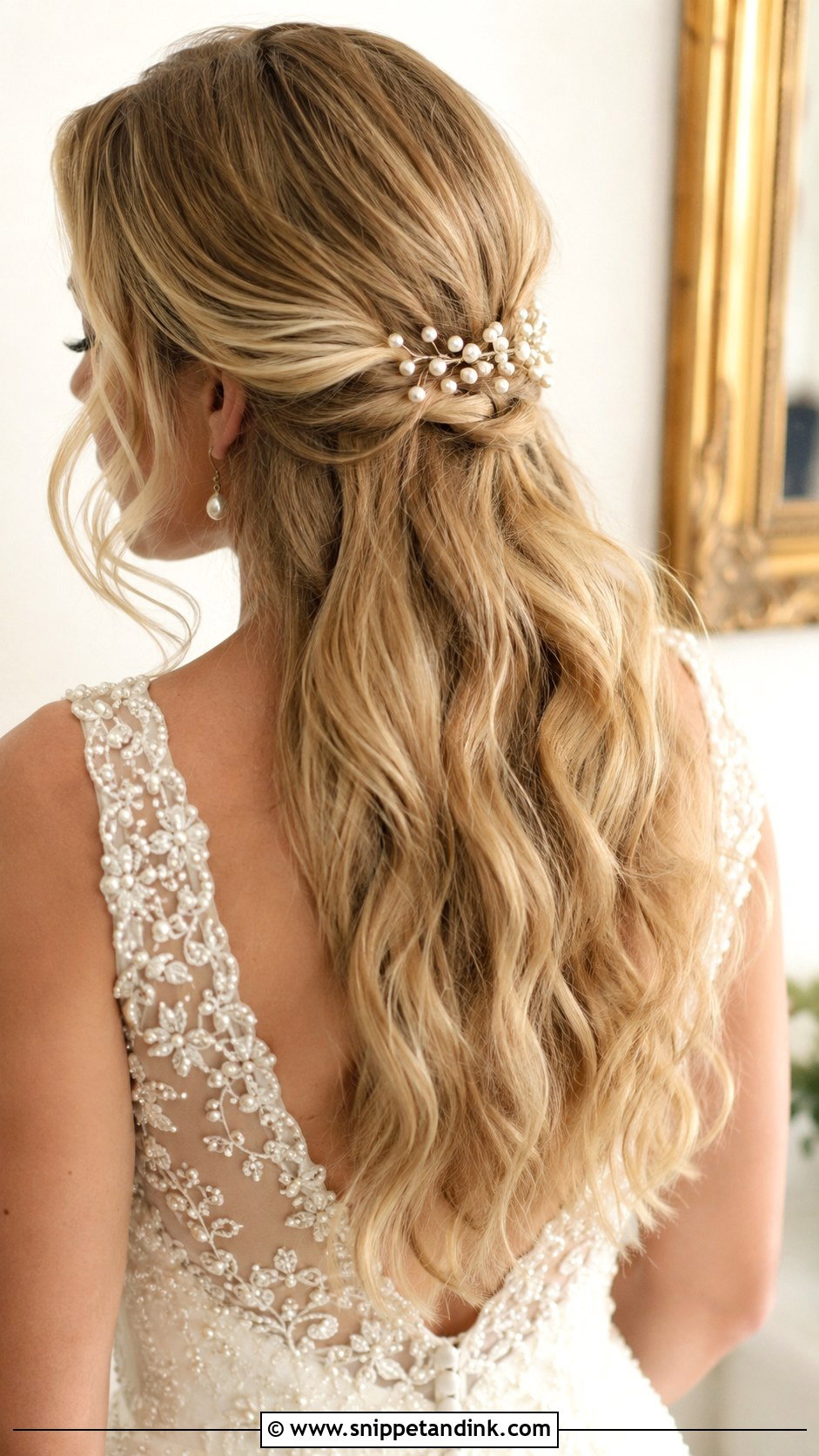 Romantic Half Up with Pearl Accessories - Snippet and Ink - 25 Medium Length Half-Up Half-Down Wedding Hairstyles