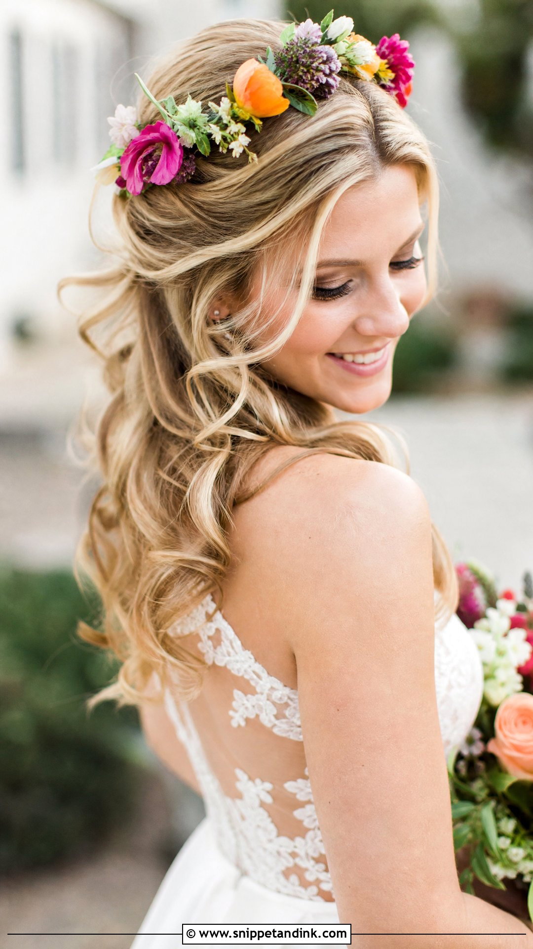 Romantic Half Updo With Floral Crown - Snippet and Ink - 25 Bridal Hairstyles with Crown