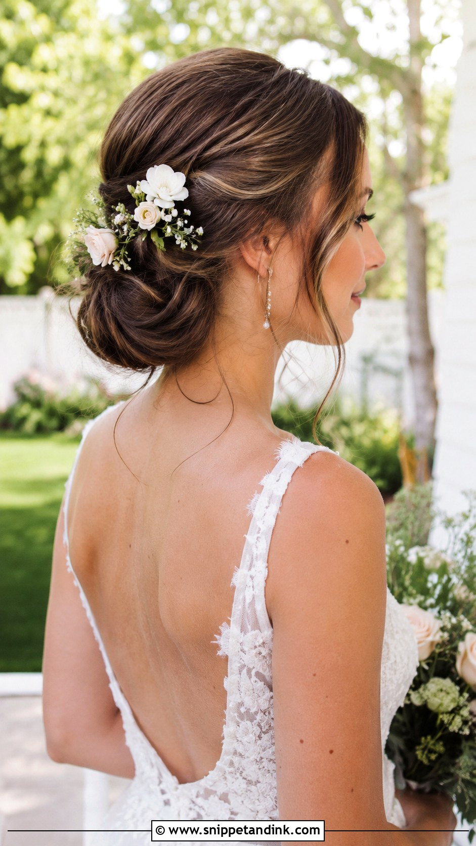Romantic Low Bun With Floral Accents - Snippet and Ink - 20 Wedding Hairstyles for Fine Hair