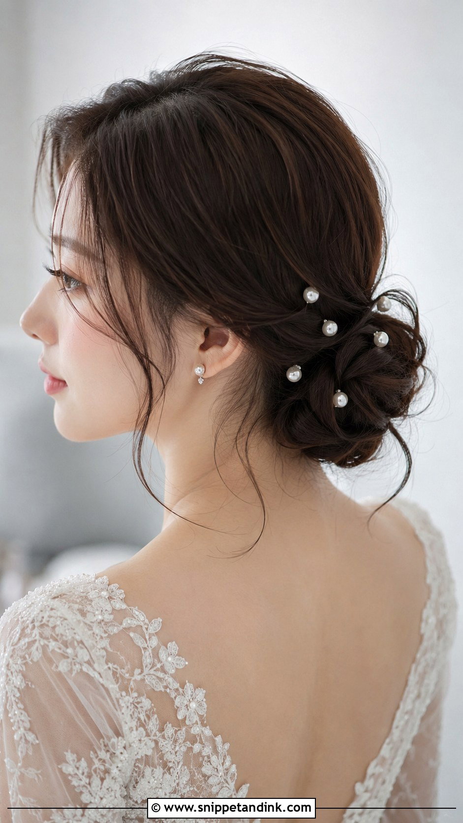 Romantic Low Chignon With Pearl Pins - Snippet and Ink - 30 Korean Wedding Hair Ideas