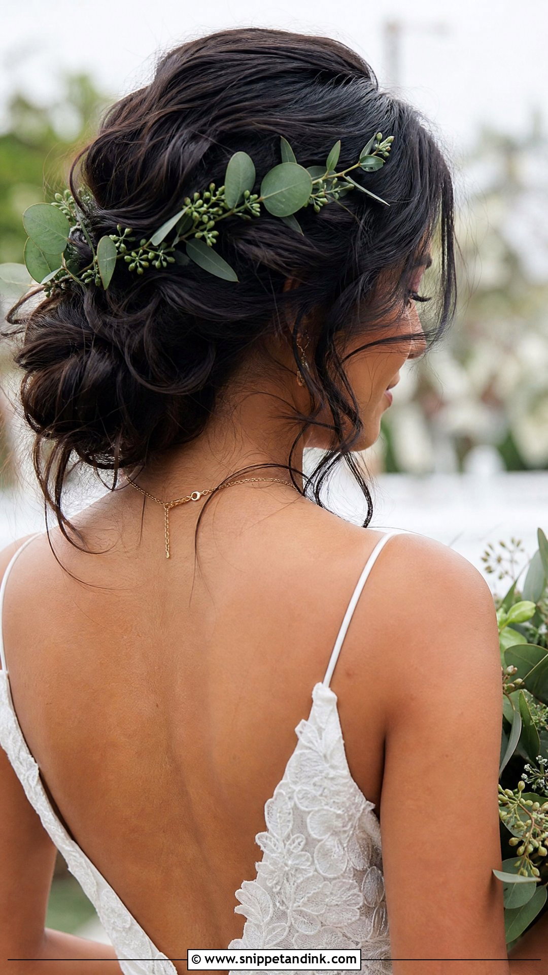 Romantic Messy Bun With Greenery - Snippet and Ink - 20 Messy Bun Bridal Hair Ideas