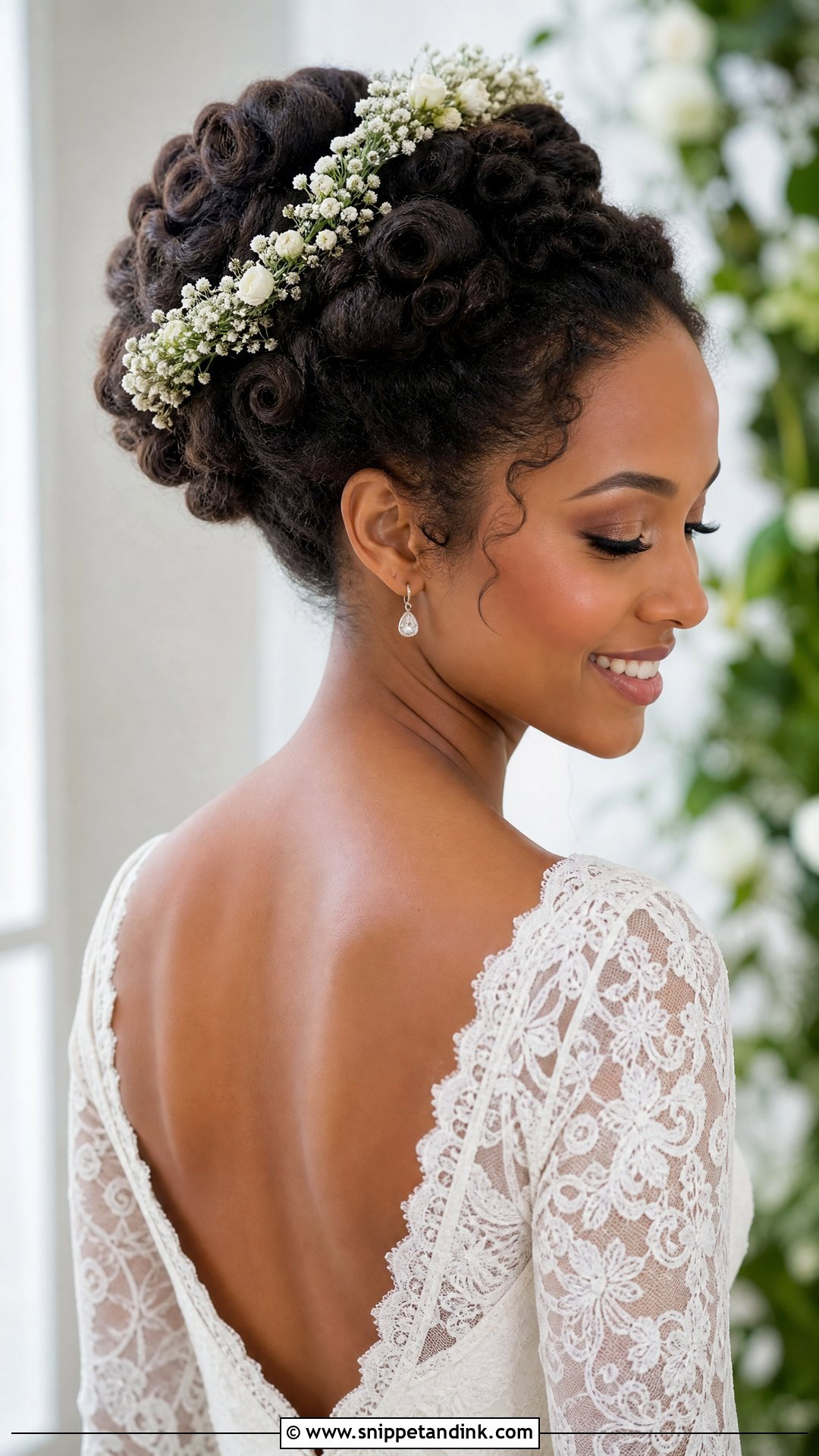 Romantic Roll Updo With Flower Crown - Snippet and Ink - 30 Natural Hair Bride Ideas