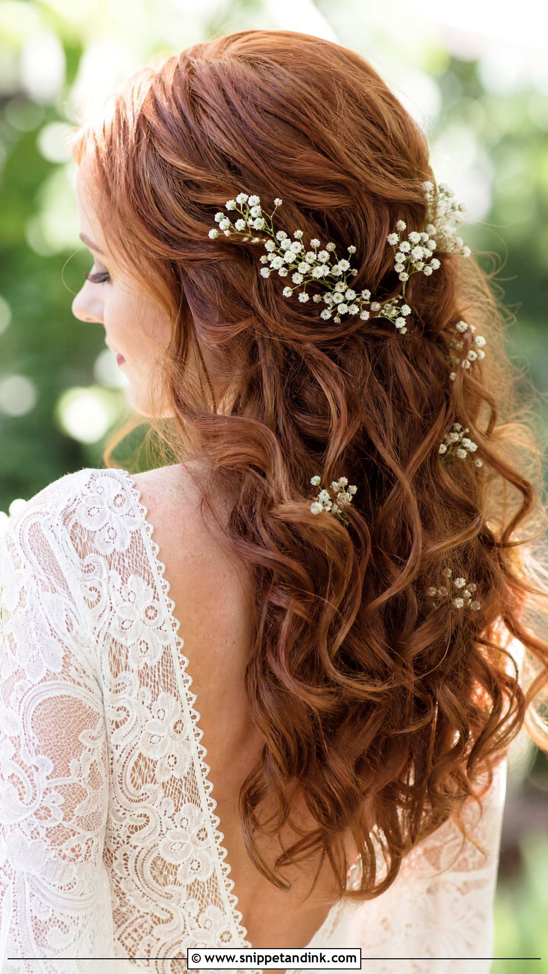 Romantic Soft Curls With Floral Accents - Snippet and Ink - 20 Mid Length Wedding Hair Ideas