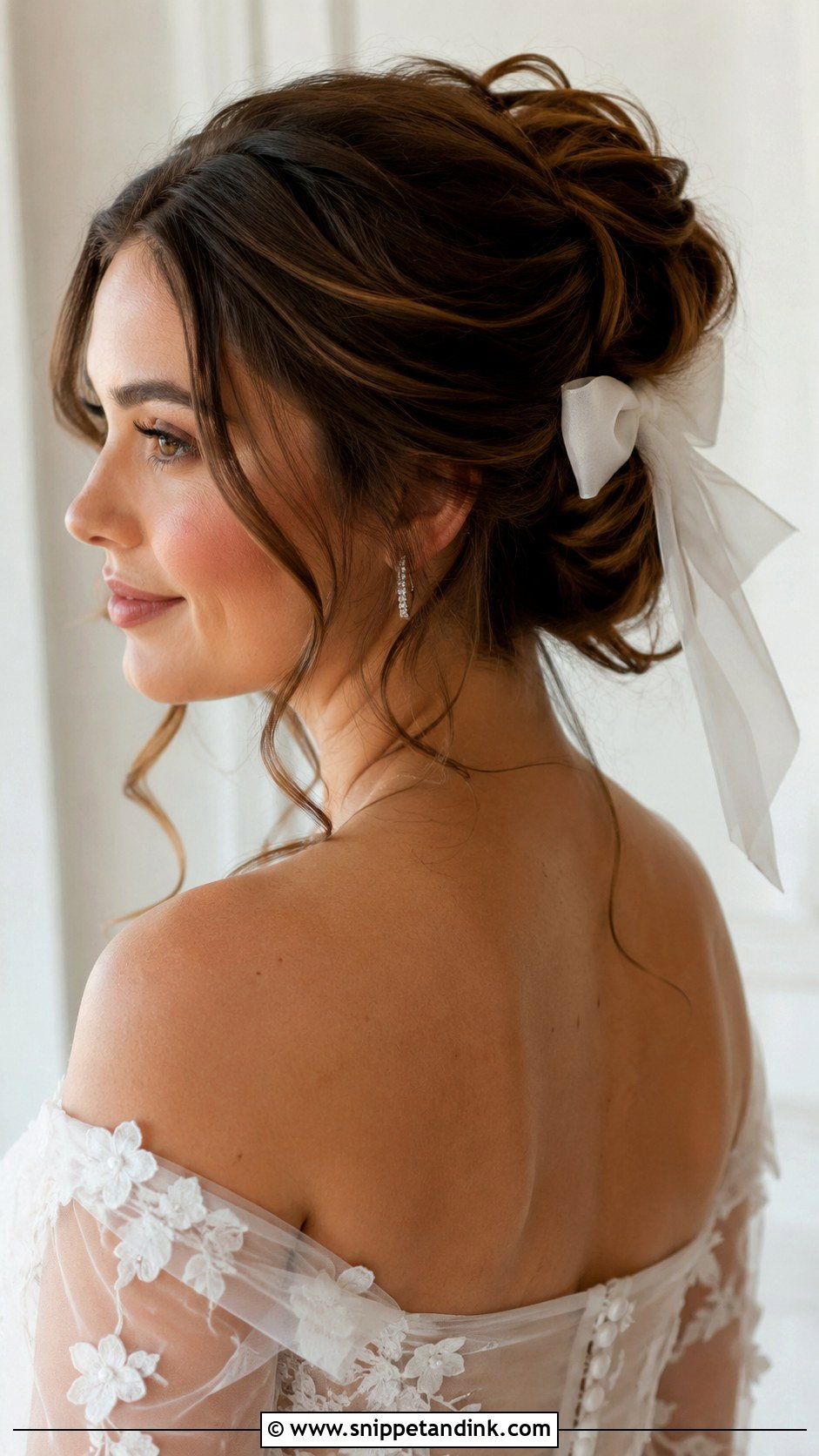 Romantic Updo With Bow And Loose Curls - Snippet and Ink - 20 Bridal Hair Bow Ideas