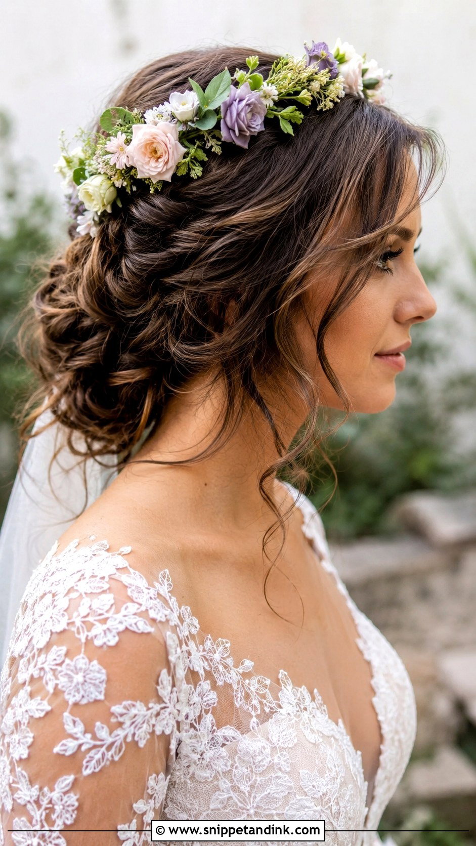 Romantic Updo With Flower Crown - Snippet and Ink - 20 Wedding Hair with Crown Ideas