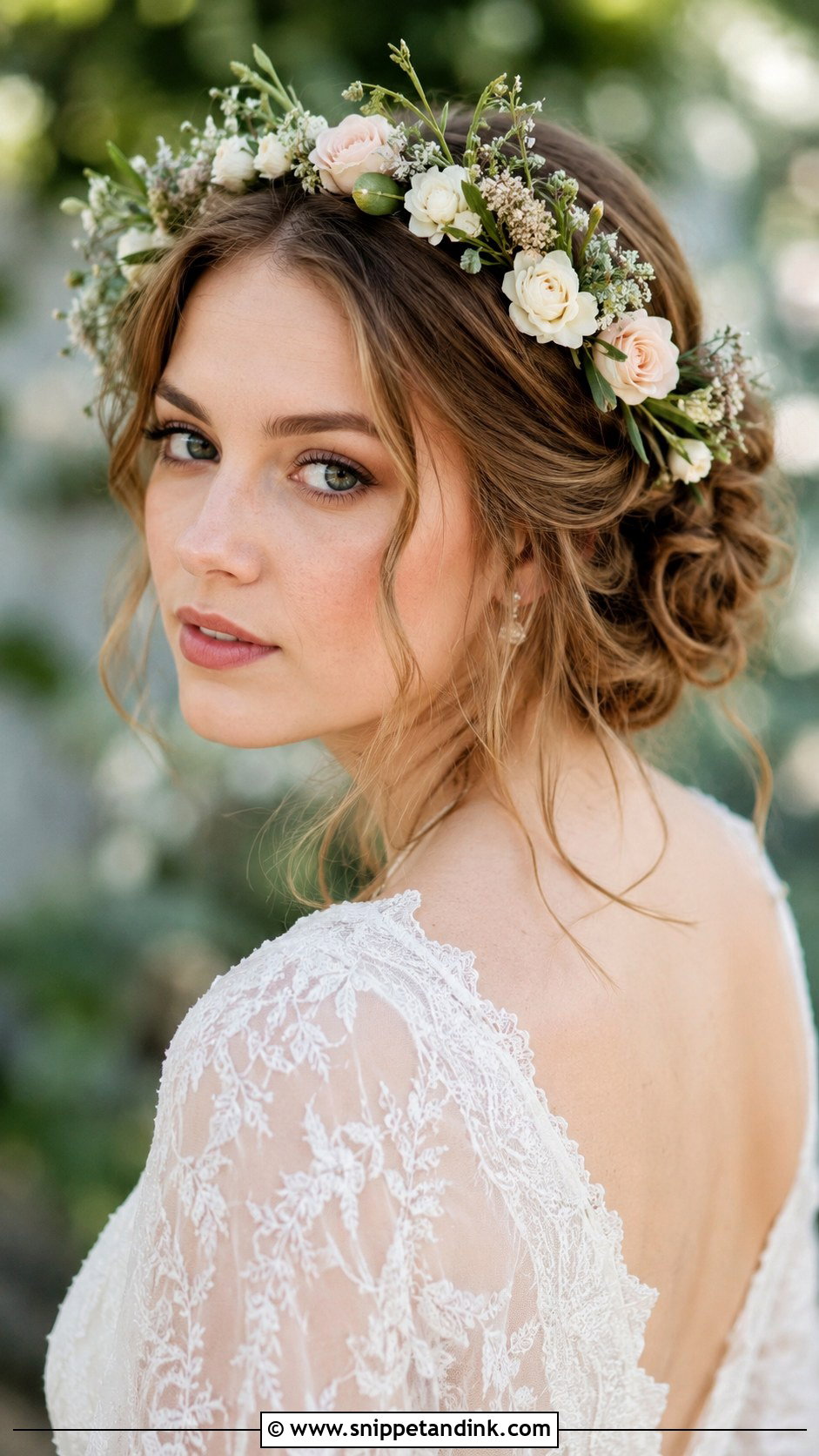 Romantic Updo With Flower Crown - Snippet and Ink - 30 Wedding Hairstyles with Crown