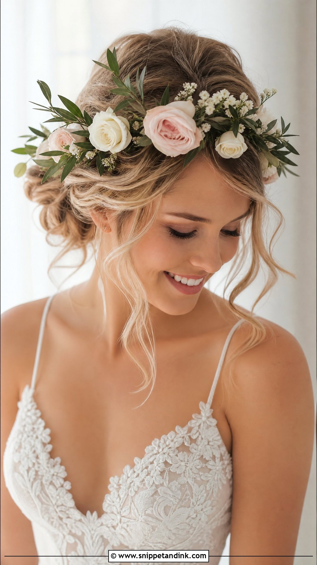Romantic Updo With Flower Crown - Snippet and Ink - 20 Bridal Updo with Headpiece Ideas