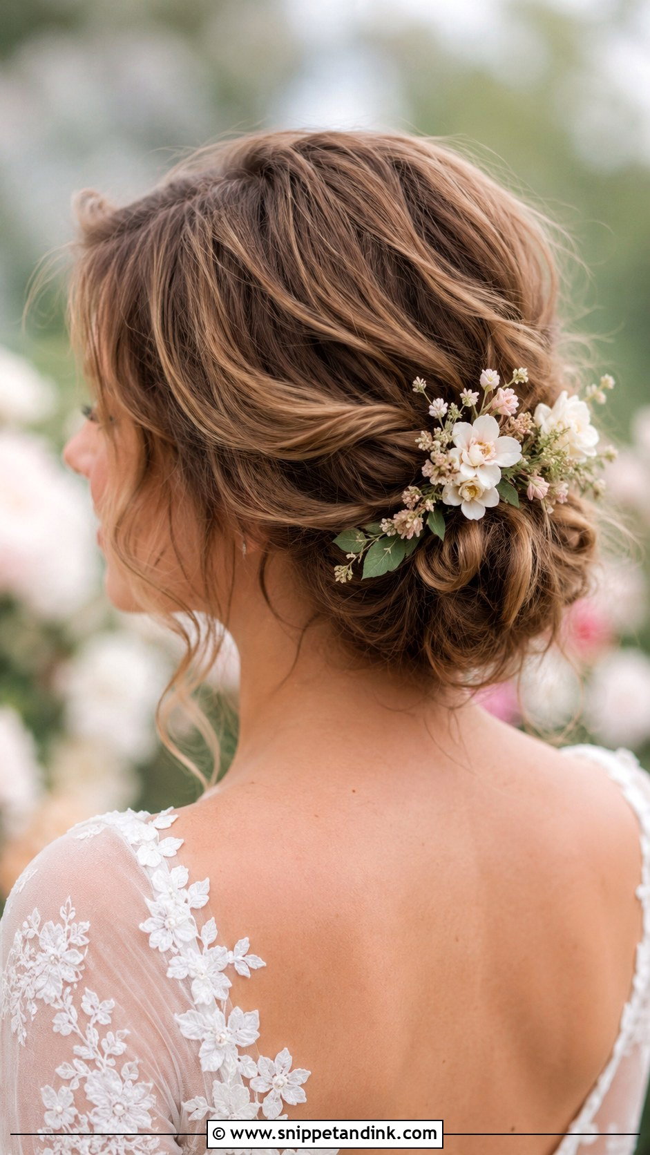 Romantic Updo With Flowers - Snippet and Ink - 25 Hair Styles for Short Hair for Weddings
