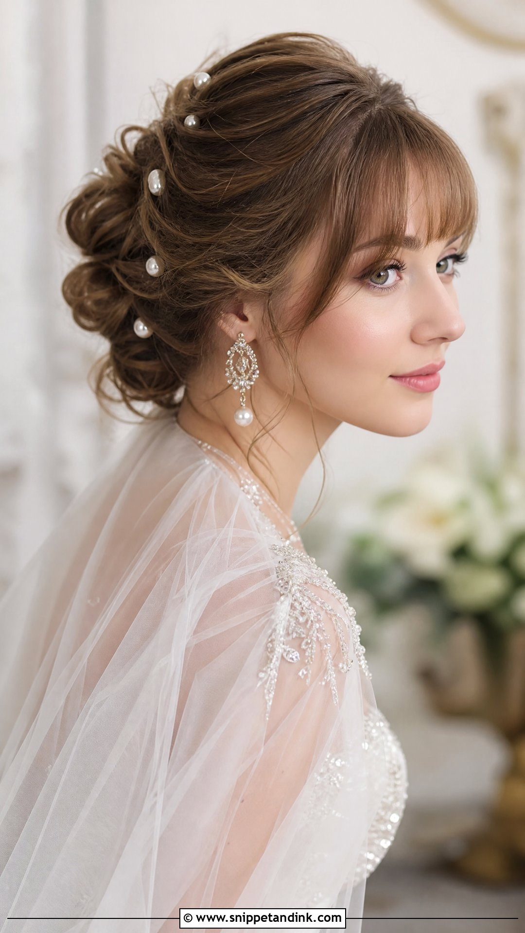 Romantic Updo With Pearl Pins And Bangs - Snippet and Ink - 20 Wedding Hairstyles Bangs