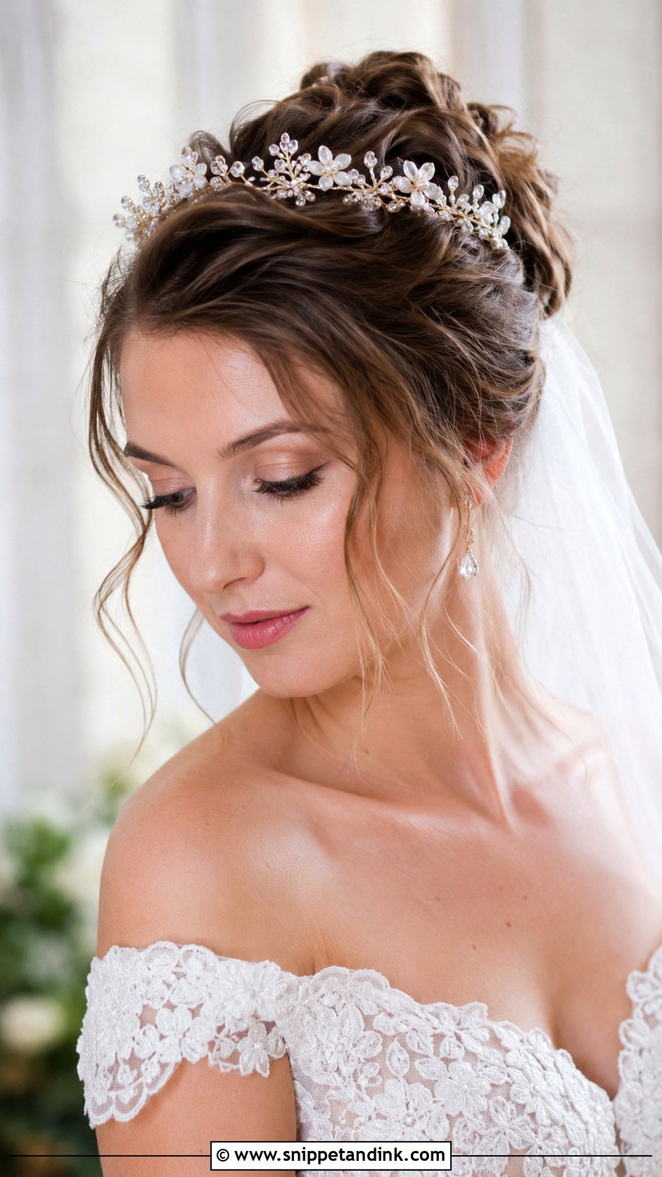Romantic Updo with Loose Tendrils - Snippet and Ink - 20 Bride Hairstyles with Tiara