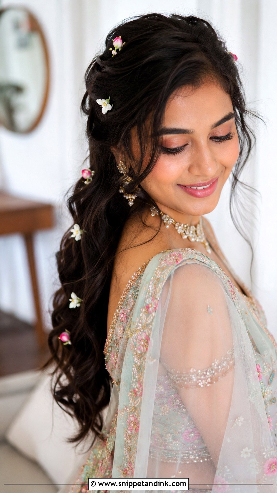 Romantic Waves With Floral Pins - Snippet and Ink - 35 South Indian Wedding Hairstyles