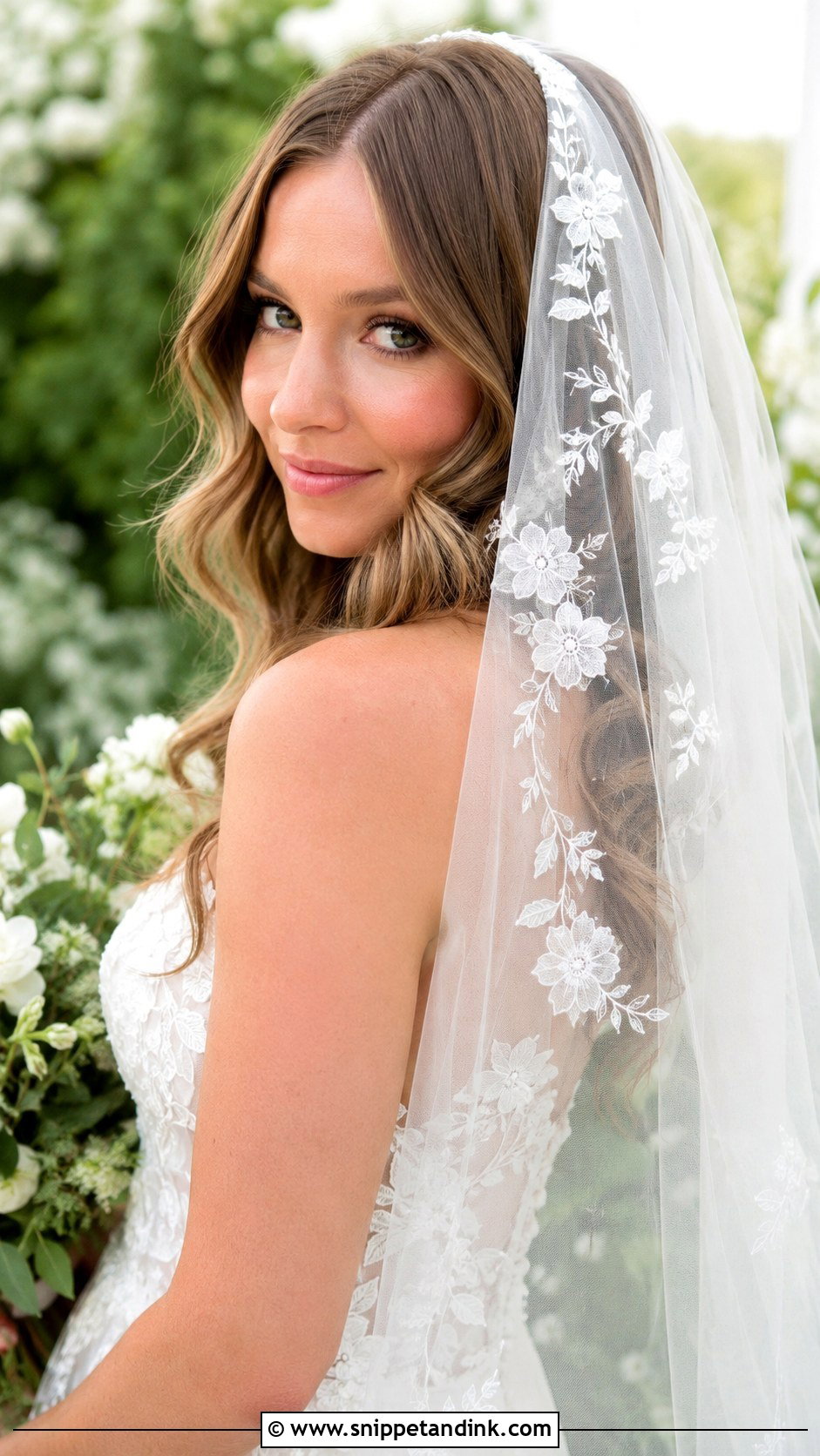 Romantic Waves With a Floral Veil - Snippet and Ink - 25 Veil Hair Down Ideas