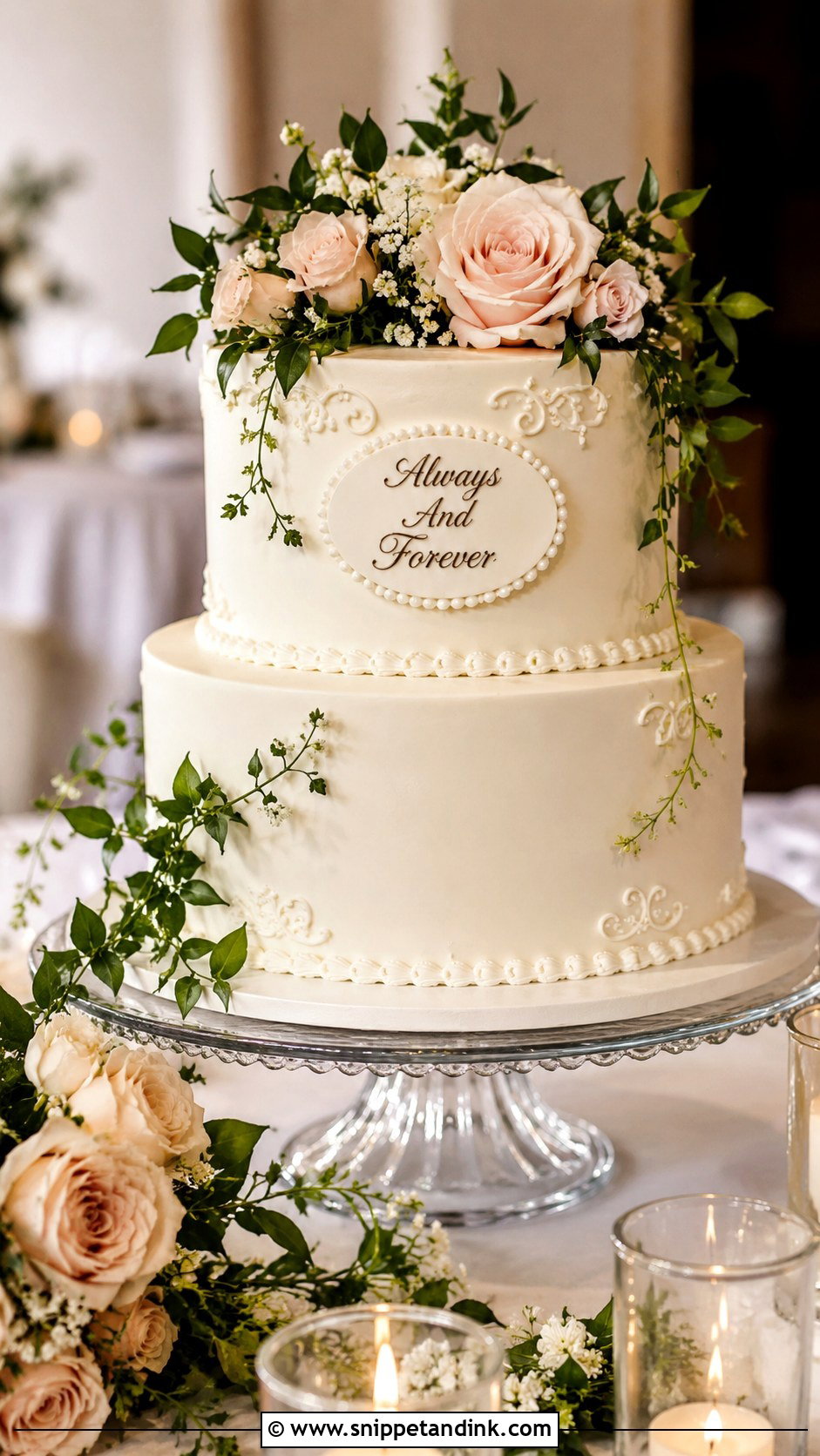 Romantic Wedding Cake With Always And Forever - Snippet and Ink - 25 Wedding Cake Wording Ideas