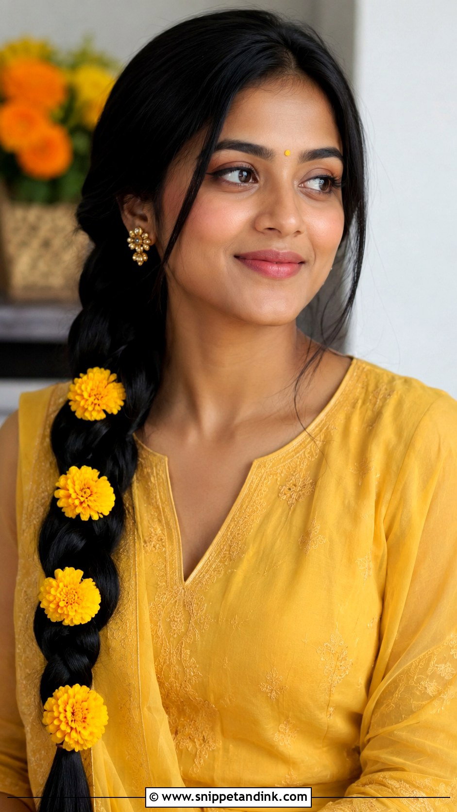 Rope Braid With Yellow Marigolds - Snippet and Ink - 20 Haldi Braid Hairstyles for Bride