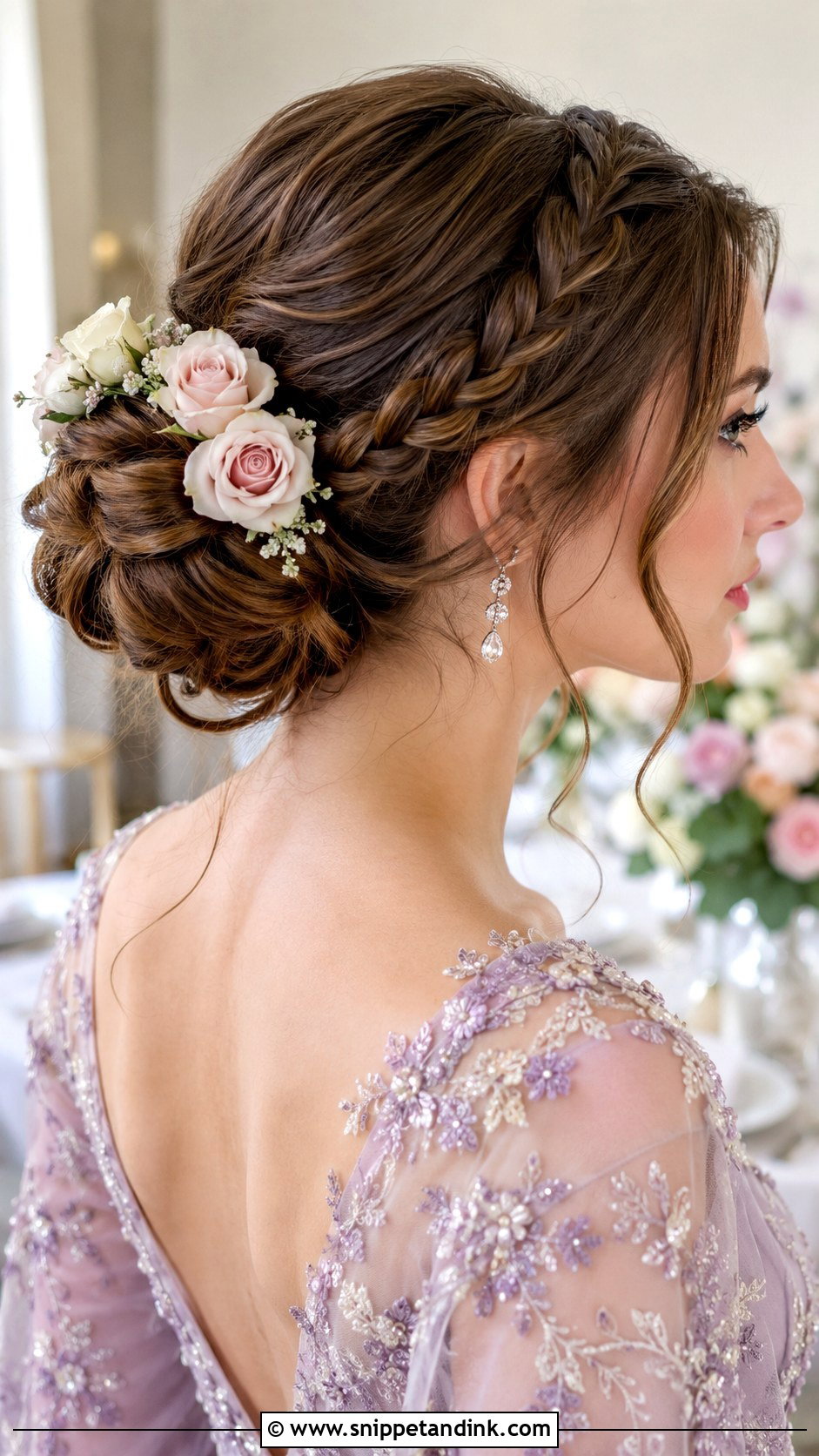 Rose Accented Braided Bun Engagement Hairstyle - Snippet and Ink - 25 Hairstyle for Engagement Bride Ideas