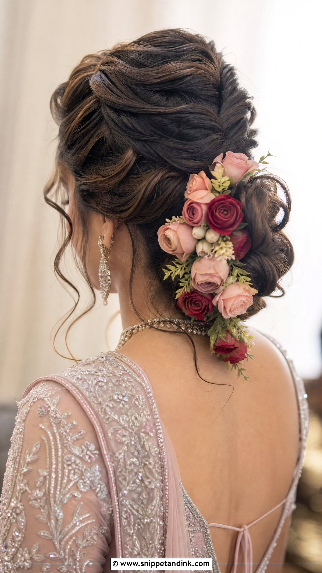 Rose Adorned Bun for Reception - Snippet and Ink - 20 Traditional Indian Wedding Hairstyles