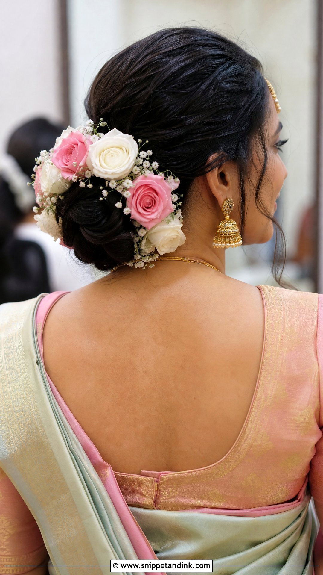 Rose Adorned Floral Bun - Snippet and Ink - 20 Tamil Wedding Hairstyle Ideas