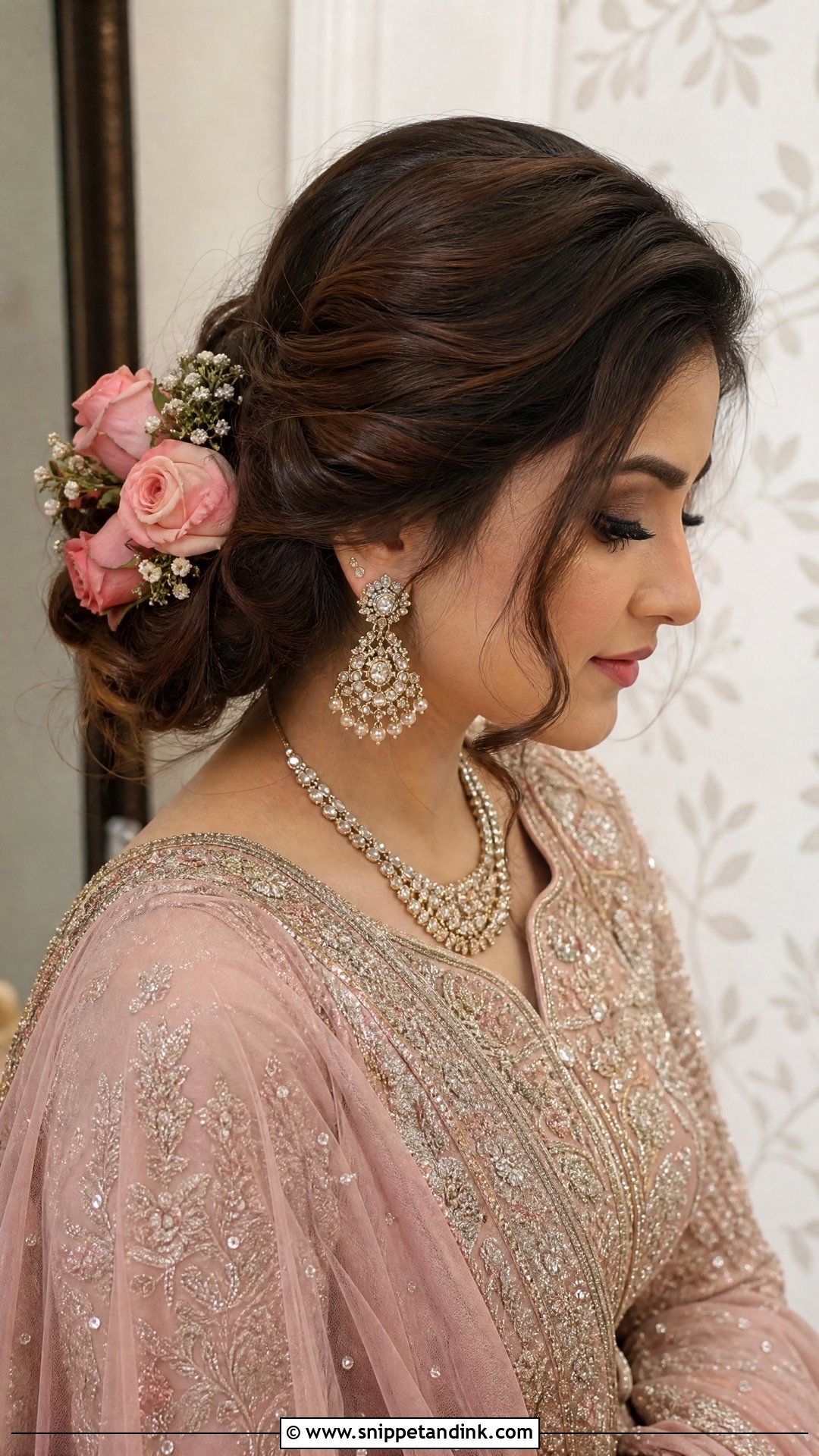 Rose Adorned Side Bun - Snippet and Ink - 20 Walima Bridal Hairstyle Ideas