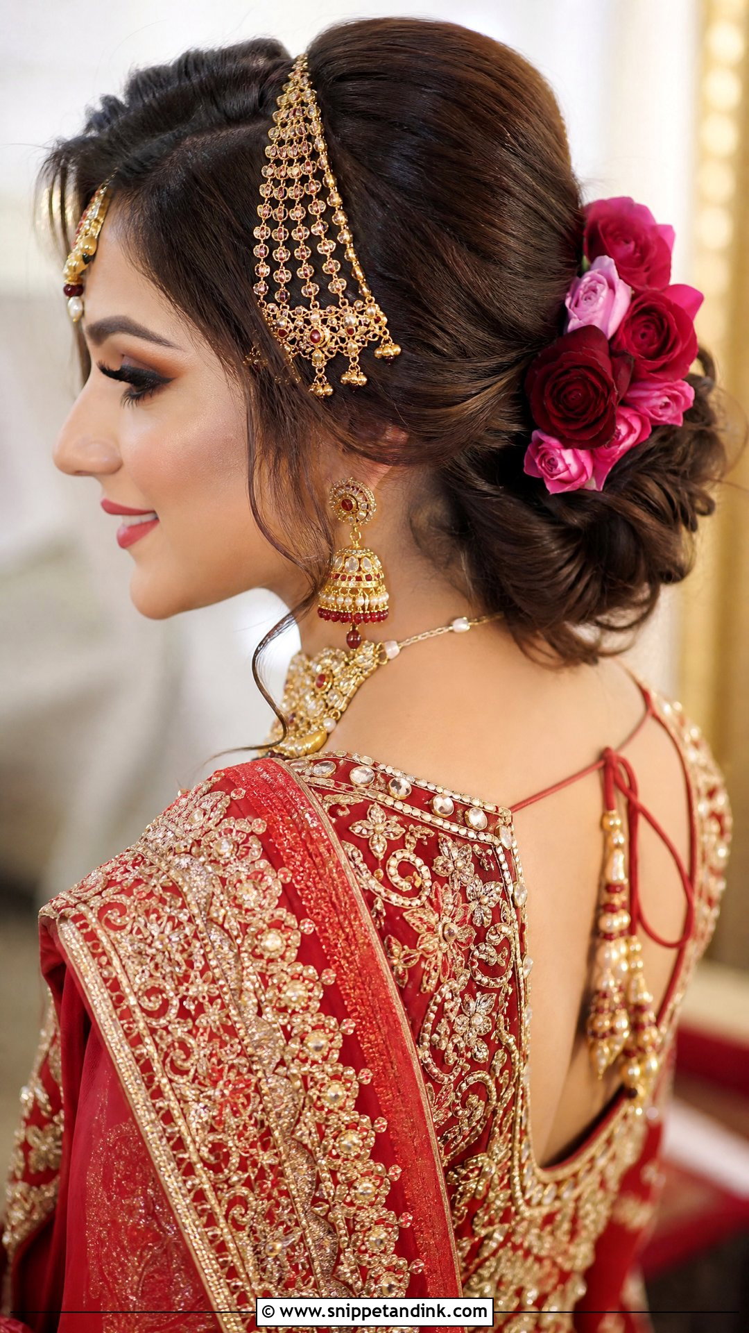 Rose Adorned Side Bun - Snippet and Ink - 20 Pakistani Baraat Hairstyles