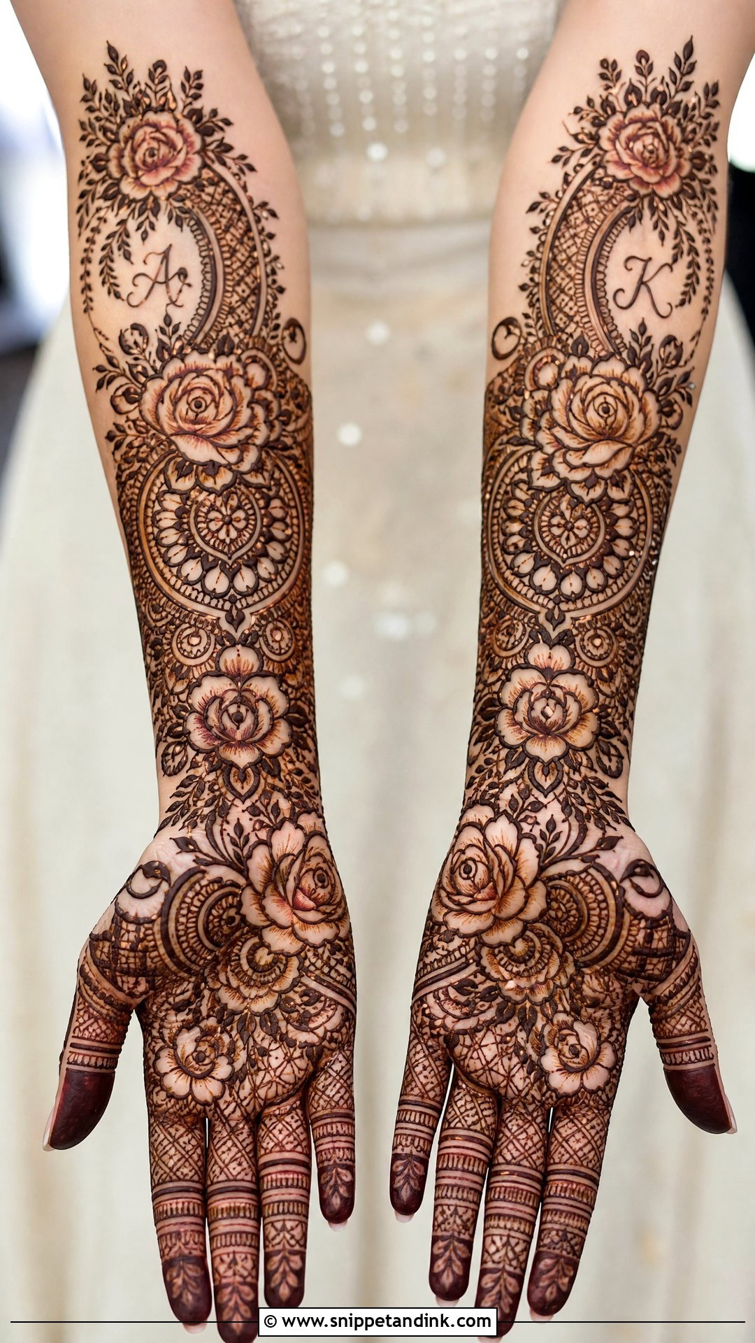 Rose Bridal Mehndi With Initials Full Hand - Snippet and Ink - 20 Rose Full Hand Bridal Mehndi Designs