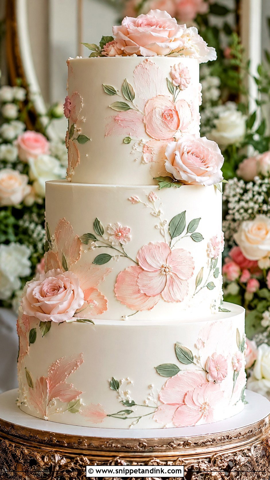 Rose Brush Embroidery Wedding Cake - Snippet and Ink - 20 Brush Embroidery Wedding Cake Ideas