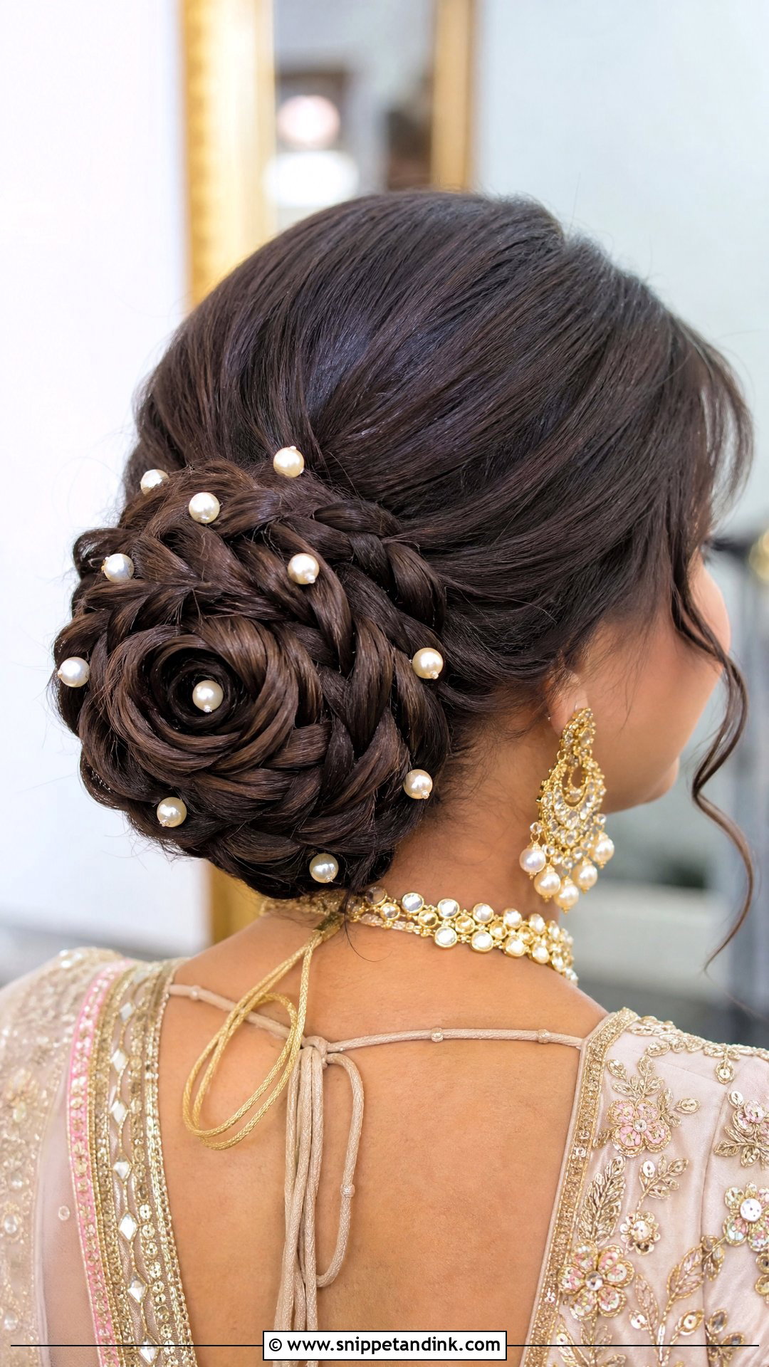 Rose Bun With Braided Detail - Snippet and Ink - 20 Indian Hairstyles for Wedding Guest